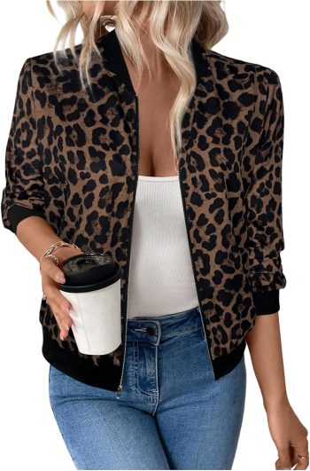 Women's Cheetah Print Long Sleeve Zip Up Bomber Blazer Jacket