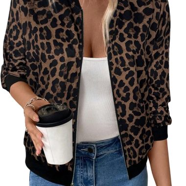 Women's Cheetah Print Long Sleeve Zip Up Bomber Blazer Jacket