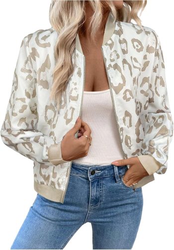 Women's Leopard Print Zipper Bomber Jacket Long Sleeve Coat