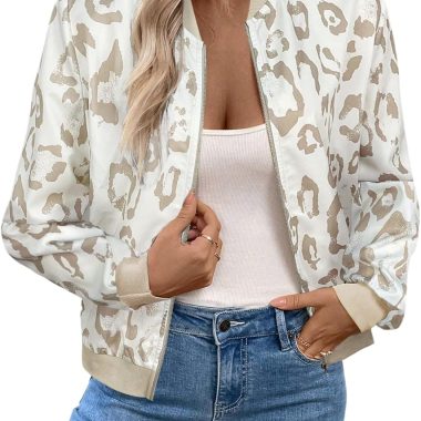 Women's Leopard Print Zipper Bomber Jacket Long Sleeve Coat