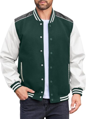 Men's Casual Leather Sleeve Letterman Bomber Coat