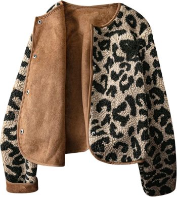 Women's Cheetah Print Winter Faux Fur Button Down Long Sleeve Coat
