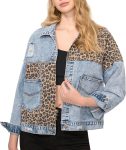 Women's Washed Ripped Leopard Print Denim Jean Jacket