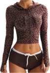 Women's Leopard Print Zip Up  Athletic Crop Hoodie Jacket