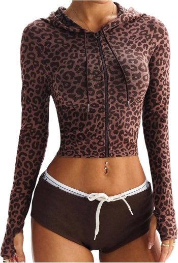 Women's Leopard Print Zip Up  Athletic Crop Hoodie Jacket