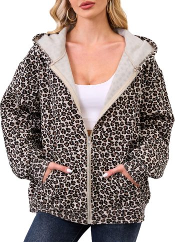 Women's Camo Maple Leaf Print Oversized Hooded Fleece Zip Sweatshirt
